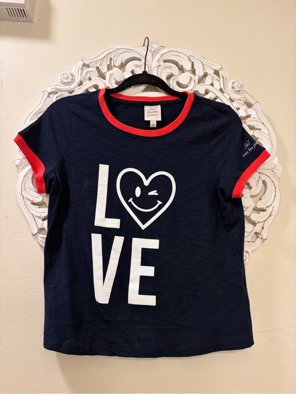 cinq a sept Love Navy Short Sleeve Tee with Red Trim